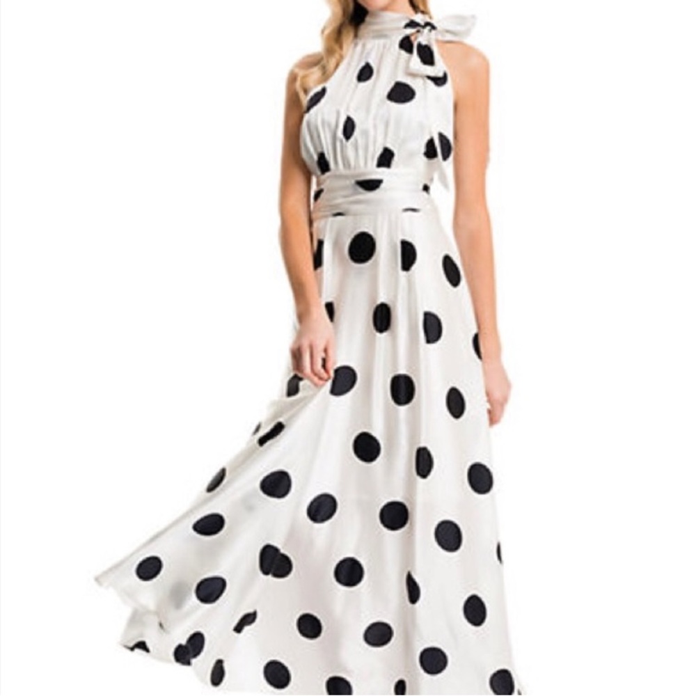 CYNTHIA STEFFE White and Black Polka Dot Long Neck Bow Dress